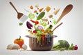 Healthy vegetarian eating and cooking with various flying chopped vegetables ingredients