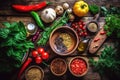 Healthy vegetarian eating and home cooking concept. Vegan ingredients on rustic wooden table with herbs and spices. Top view Royalty Free Stock Photo