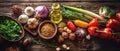 Healthy vegetarian eating and home cooking concept. Vegan ingredients on rustic wooden table with herbs and spices. Top view Royalty Free Stock Photo