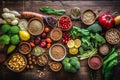 Healthy vegetarian eating and home cooking concept. Vegan ingredients on rustic wooden table with herbs and spices. Top view Royalty Free Stock Photo