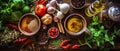 Healthy vegetarian eating and home cooking concept. Vegan ingredients on rustic wooden table with herbs and spices. Top view Royalty Free Stock Photo