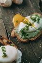 Healthy vegetarian food. Bruschetta with avocado and poached egg