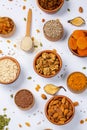 Healthy vegetarian food concept. Assortment of dried fruits, nuts and seeds on white background. Top view. Royalty Free Stock Photo