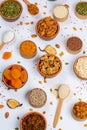 Healthy vegetarian food concept. Assortment of dried fruits, nuts and seeds on white background. Top view. Mixed nuts set closeup. Royalty Free Stock Photo