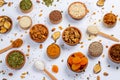 Healthy vegetarian food concept. Assortment of dried fruits, nuts and seeds on white background. Top view. Mixed nuts set closeup. Royalty Free Stock Photo