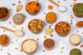 Healthy vegetarian food concept. Assortment of dried fruits, nuts and seeds on white background. Top view. Mixed nuts set closeup. Royalty Free Stock Photo