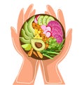 Healthy vegetarian food concept.Organic vegetables bowl in human hands Top view,vector illustration Royalty Free Stock Photo