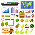 Healthy vegetarian food and fruit infographics. Vitamin Export Import, chart and icons, dieting concept, business