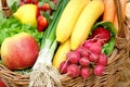 Fresh fruit and vegetable in wicker basket closeup Royalty Free Stock Photo