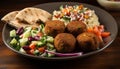 Healthy vegetarian meal falafel, salad, yogurt, hummus generated by AI