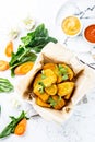 Healthy vegetarian nuggets with carrots, cauliflower and spinach. Vegetable nuggets. Vegan food. Top view, white Royalty Free Stock Photo