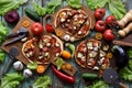 Healthy vegetarian pizza party concept. Flat lay of keto cauliflower and dough pizzas with eggplants, mushrooms, tomatoes served Royalty Free Stock Photo