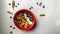 Healthy vegetarian salad. Summer peach salad with goat cheese, nuts and blueberry. healthy vegetarian lunch bowl. Long banner