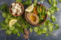 Healthy vegetarian salad with tofu, chickpea, avocado and sunflower seeds. Healthy vegan food concept. Dark background, top Royalty Free Stock Photo