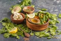 Healthy vegetarian salad with tofu, chickpea, avocado and sunflower seeds. Healthy vegan food concept. Dark background, copy Royalty Free Stock Photo