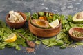 Healthy vegetarian salad with tofu, chickpea, avocado and sunflower seeds. Healthy vegan food concept. Dark background, copy Royalty Free Stock Photo