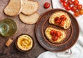 Healthy vegetarian sandwiches with whole grain bread, hummus, baked tomatoes and spices Royalty Free Stock Photo