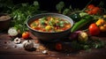 Healthy vegetarian soup displayed enticingly in a bowl, with an array of fresh ingredients scattered around, AI generated