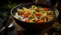 Healthy vegetarian soup with fresh vegetables in rustic homemade bowl generated by AI