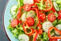 Healthy vegetarian vegetable salad of fresh lettuce, cucumber, sweet pepper and tomatoes. Vegan plant-based food. Flat Lay Royalty Free Stock Photo