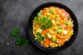 Healthy vegetarian vegetable soup with lentil and vegetables. Lentil soup Royalty Free Stock Photo