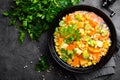 Healthy vegetarian vegetable soup with lentil and vegetables. Lentil soup Royalty Free Stock Photo