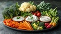 Healthy veggie platter with dips Royalty Free Stock Photo