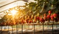 Healthy and vibrant organic strawberry plant flourishing in a controlled greenhouse environment