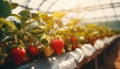 Healthy and vibrant organic strawberry plant flourishing inside a controlled greenhouse environment