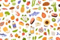 Healthy vitamin food pattern. Seamless background with organic fresh vegetables, fruits and fish. Endless repeating texture with Royalty Free Stock Photo