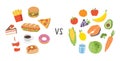 Concept of choice between fast food vs balanced menu comparison. Healthy vs unhealthy food concept Royalty Free Stock Photo