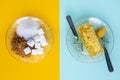 Healthy vs unhealthy sugar, Bi-colored background, Yellow, processed sugar, white, cane, cubes, Pastel green, Natural golden