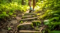 healthy walking along a forest path made of stone, sport and activity in nature Royalty Free Stock Photo