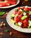 Healthy Watermelon, Cucumber Salad with Mint, pistachios nuts and feta cheese. Royalty Free Stock Photo