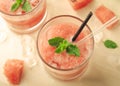 Healthy watermelon smoothie with mint and ice in glass Royalty Free Stock Photo