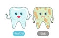 Healthy white tooth and a bad tooth with caries. the concept of teaching children the opposite adjective Healthy and Sick Royalty Free Stock Photo