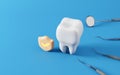 Healthy white tooth with dentist mirror and Shield protect. Oral health and dental inspection teeth. Medical dentist tool,