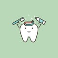Healthy white tooth holding toothbrush and toothpaste, brushing teeth concept - dental cartoon vector flat style