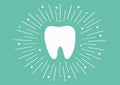 Healthy white tooth icon. Round line circle. Oral dental hygiene. Children teeth care. Shining effect stars. Green background. Fla