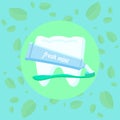 Vector illustration of world dentist day. Healthy white tooth, mint leaves in the background, toothpaste is being applied to the