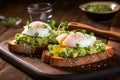 Healthy whole grain avocado toast with perfectly poached eggs for nutritious breakfast, Ai, AI Generated