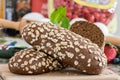 Healthy wholemeal bread, on marble table. Royalty Free Stock Photo