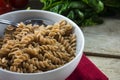 Healthy wholemeal pasta, spiral noodles from whole grain spelt i