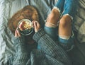 Healthy winter breakfast in bed concept, top view Royalty Free Stock Photo