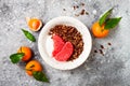 Healthy winter breakfast. Greek yogurt bowl with chocolate gingerbread granola and grapefruit. Top view, flat lay, overhead.