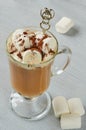 Healthy winter Christmas cocktail - hot cocoa drink with marshmallows and chocolate powder in the glass on the gray concrete table Royalty Free Stock Photo