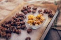 Healthy winter snack chestnuts on wooden background Royalty Free Stock Photo