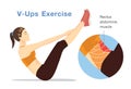 Healthy woman challenging the rectus abdominis muscle with V-Ups workout.