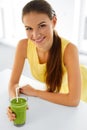 Healthy Woman Drinking Green Detox Juice. Lifestyle, Food, Drin Royalty Free Stock Photo