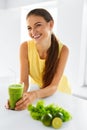 Healthy Woman Drinking Green Detox Juice. Lifestyle, Food, Drin Royalty Free Stock Photo